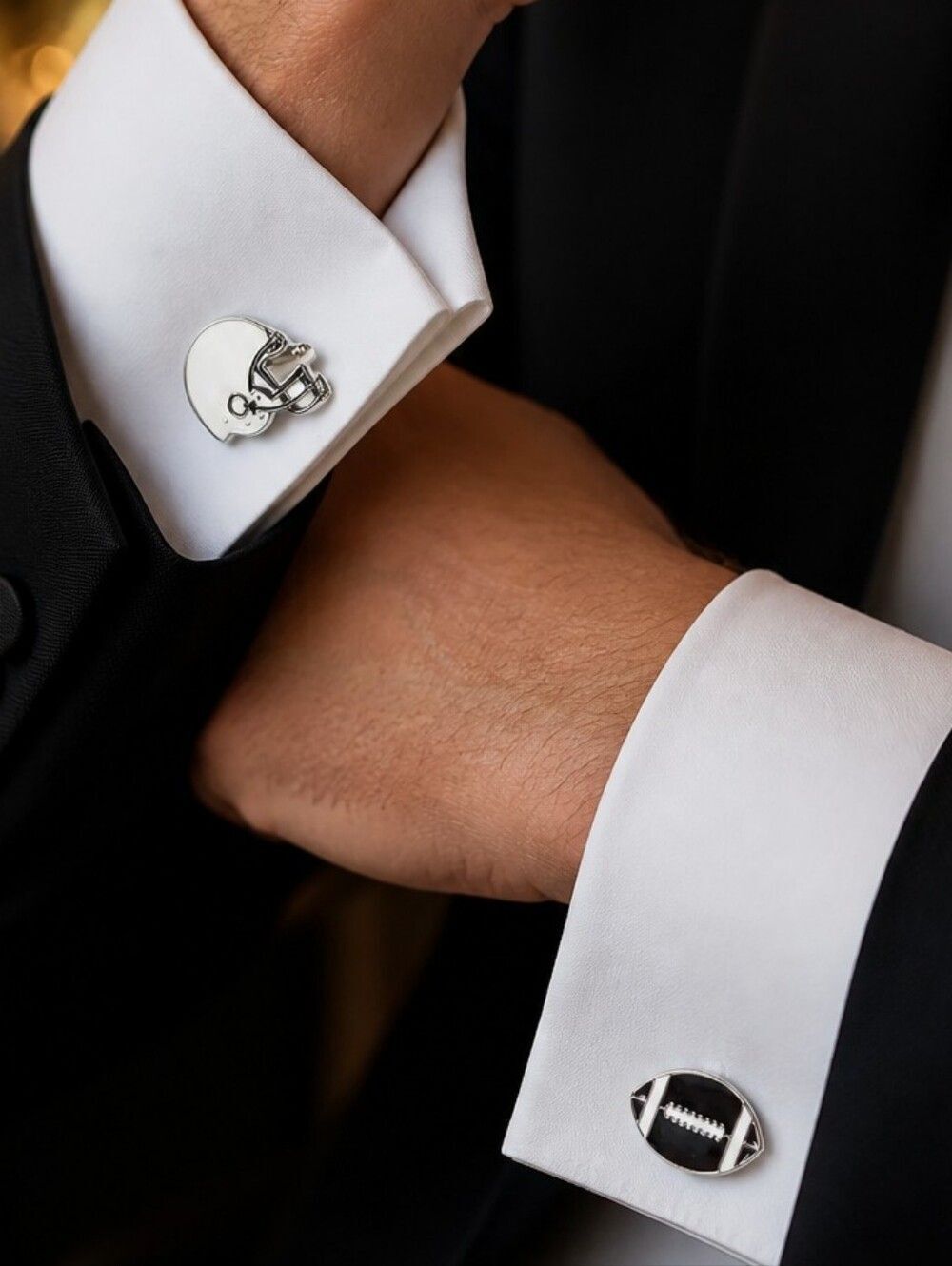 Football Helmet & Ball Cufflinks Silver Enamel NFL Inspired French Cuff Formal